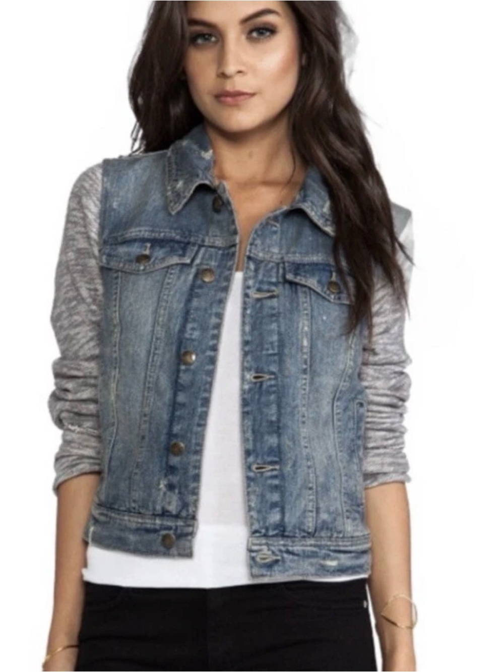 FREE PEOPLE Distressed Denim Knit Sleeve Mixed Media Trucker Jacket XS